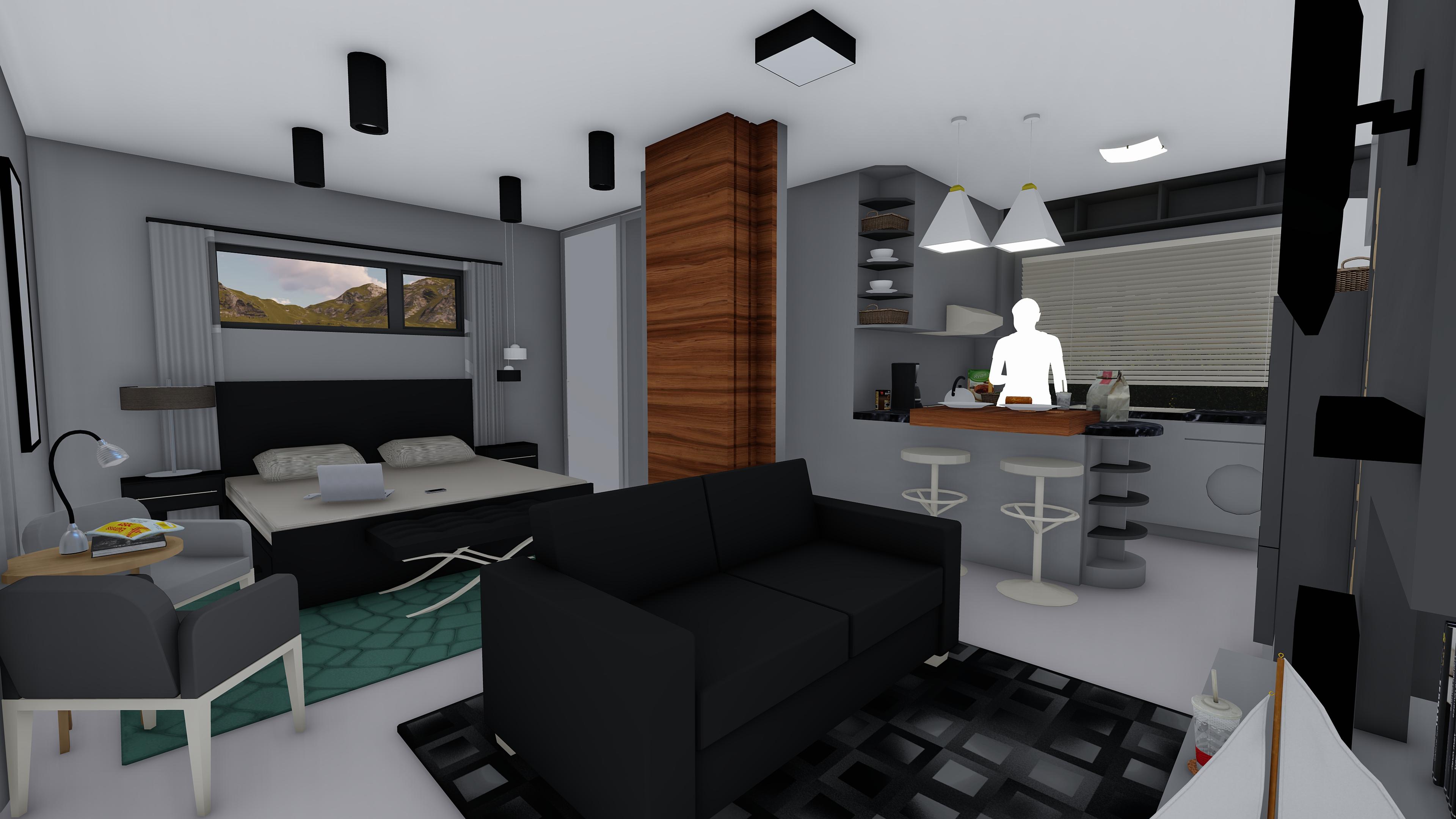 Interio 3D render of open-plan living, dining and kitchen space